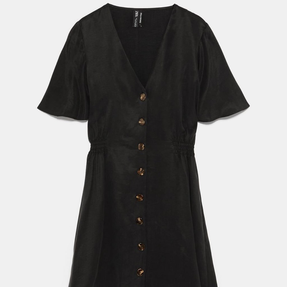 Zara Button up black ruffle sleeve mini dr…